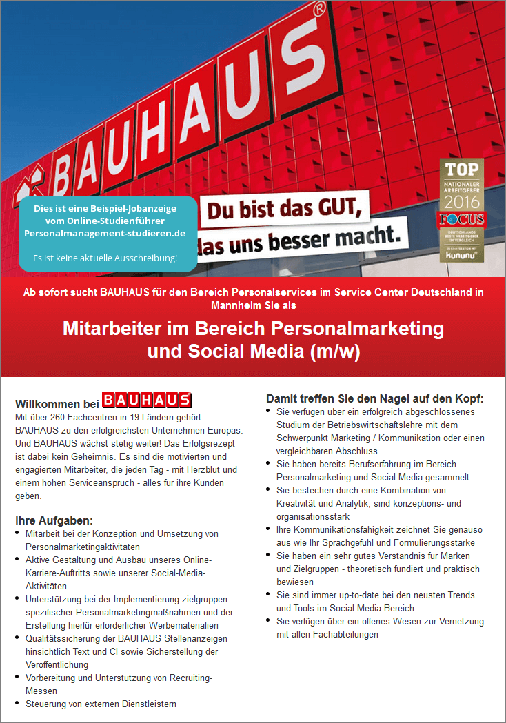 In Stellenanzeige von Bauhaus wird "Mitarbeiter im Bereich Personalmarketing und Social Media (m/w) gesucht