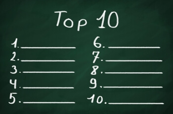 Auf einer Tafel sind Lücken für das Ranking der Top 10 Fragen zum Studium im Personalmanagement aufgeschrieben